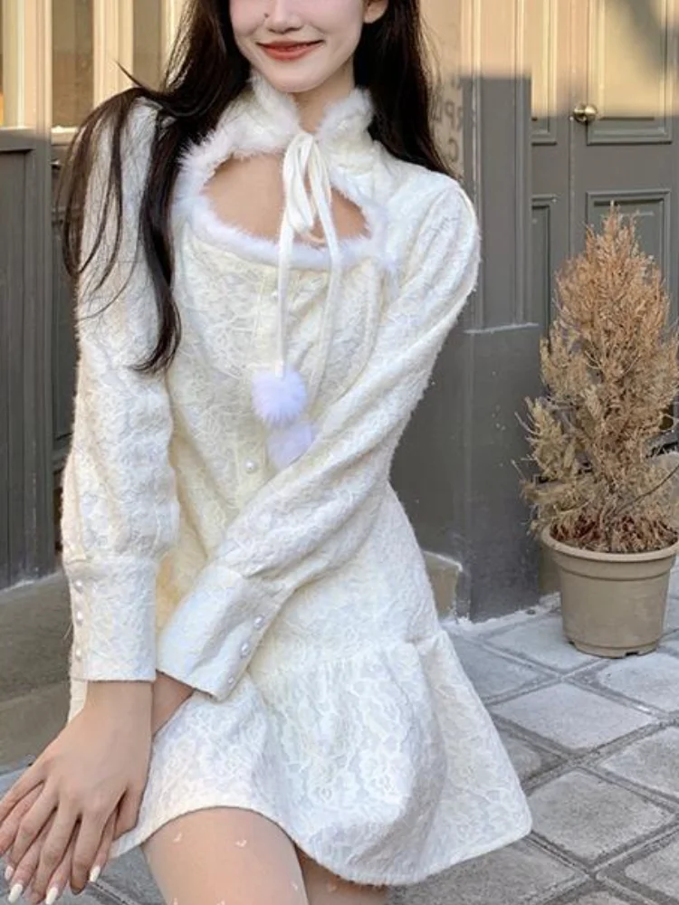 

Pure Color Elegant Lace Dress Woman Party Long Sleeve Y2k Mini Dress Casual Design Korean Fashion Dress Female Slim 2022 Spring