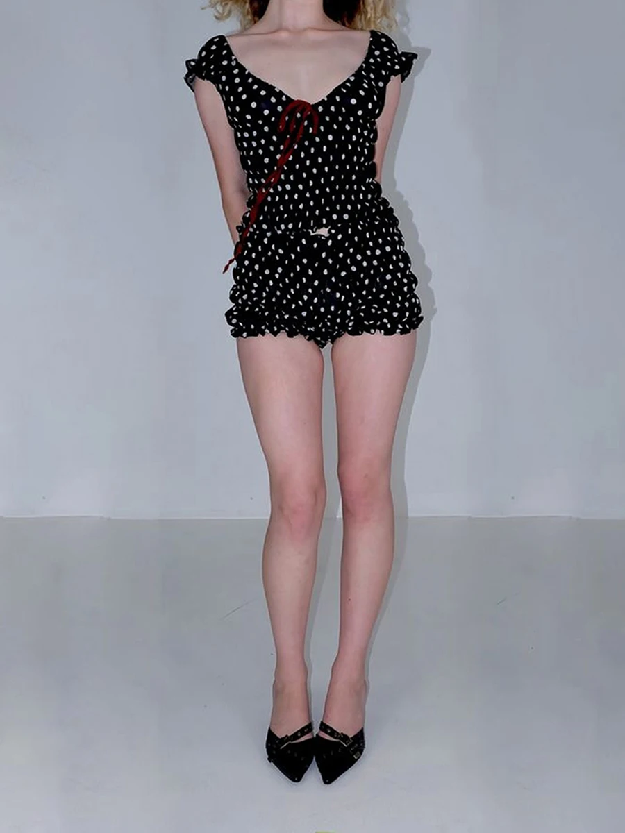 Женский комплект из 2-х предметов с оборками топ коротким рукавом и глубоким