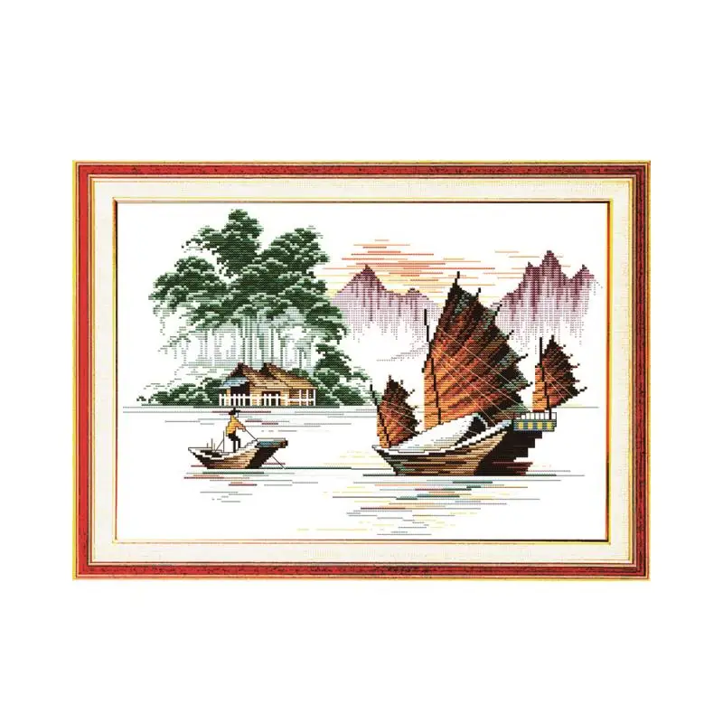 

Fishing boat cross stitch kit 18ct 14ct count canvas fabric cotton floss stitching embroidery DIY handmade needlework plus