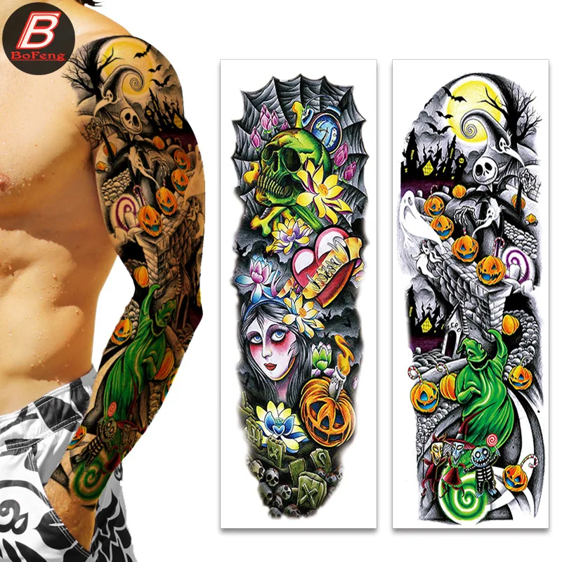 

Halloween Large Picture Tattoo Full Arm Waterproof Full Arm Skeleton Pumpkin Funny Temporary Tattoos Sticker Size:170 * 480mm