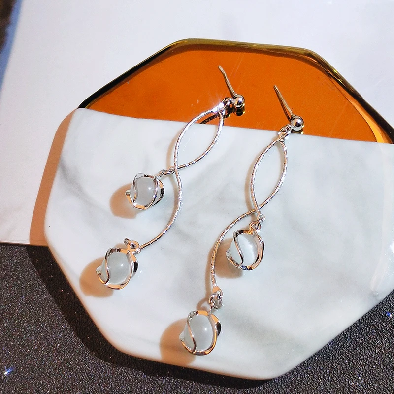 Серьги с имитацией опала Южная Корея элегантные длинные серьги-клипсы без ушей