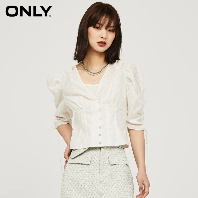 

Женская шифоновая рубашка с рукавами-фонариками и принтом