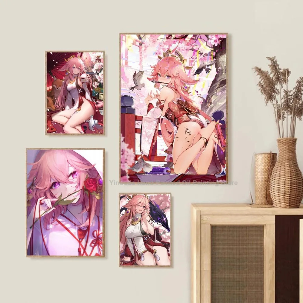 Игра аниме Genshin Impact Yae Miko постеры наклейки для гостиной спальни входа кафе