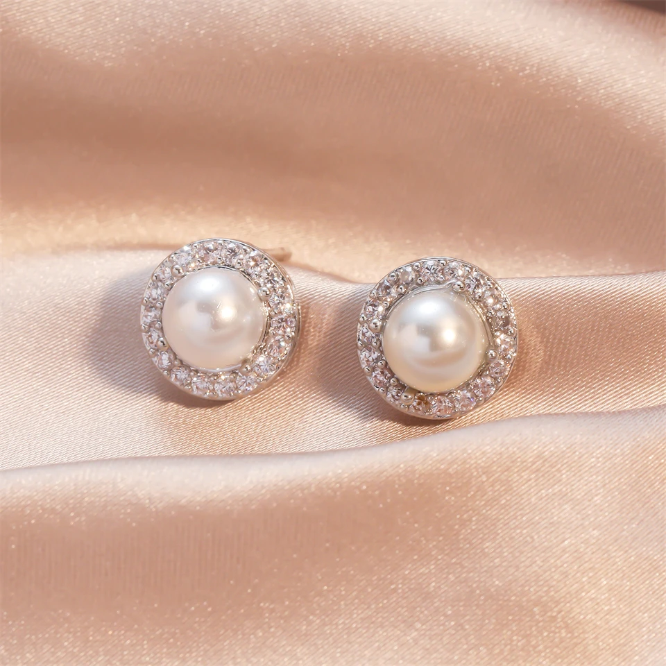 

Trendy Imitation Pearl Stud Earrings for Women Exquisite Shiny White Zircon Earrings Daily Wearable Jewelry Elegant Wedding