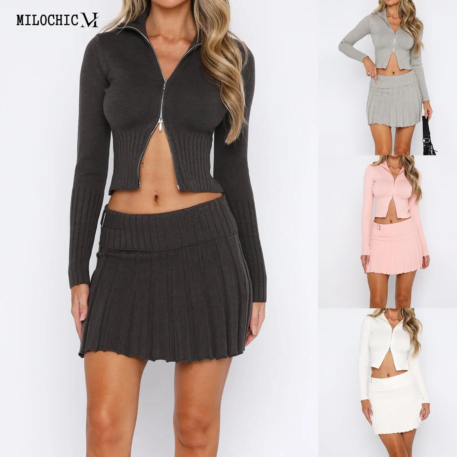 

Ladies Knitted Top&Pleated Skirts Outfits Casual Two Piece Crochet Suits Turn-Down Collar Double Zippers for Work Party Vacation