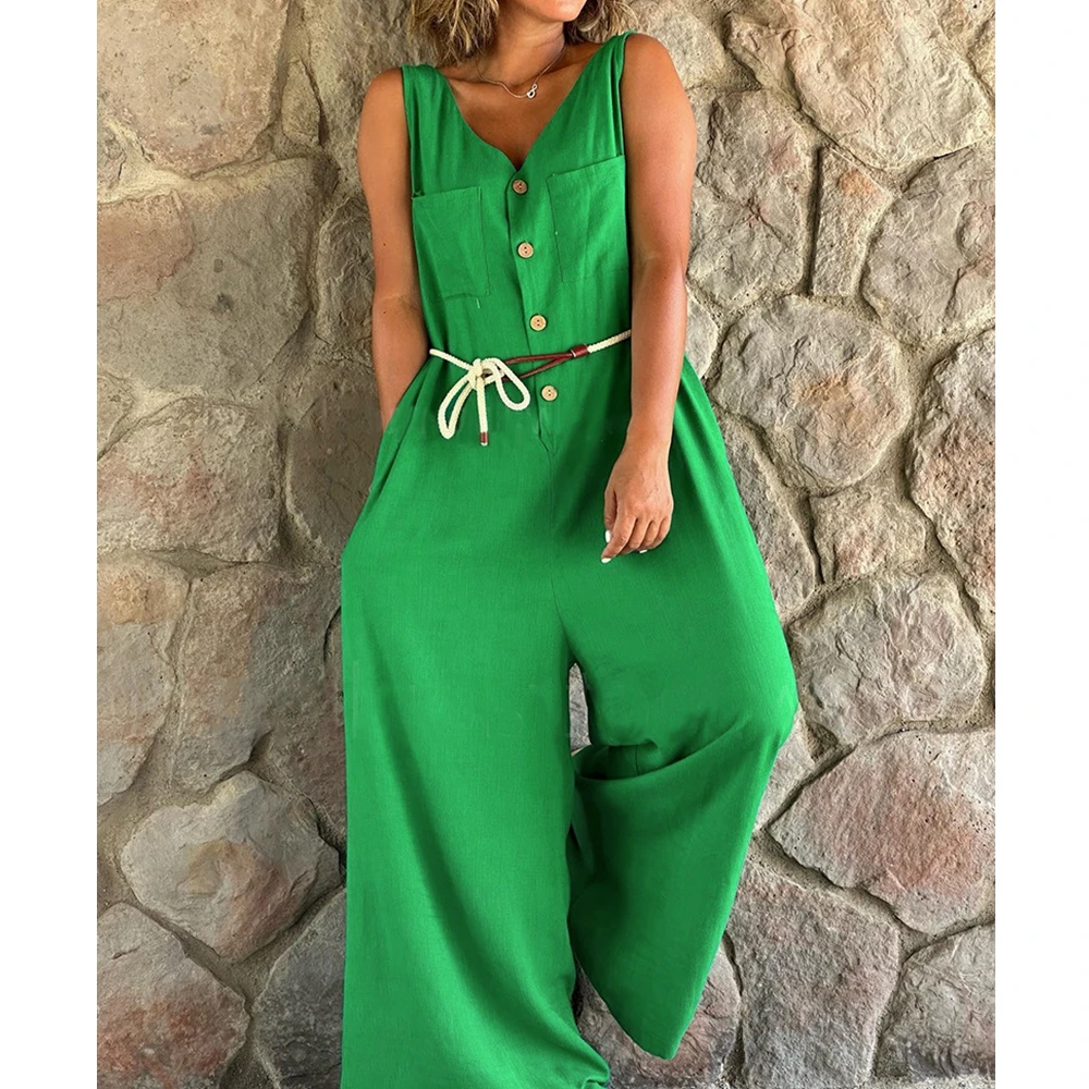 

Женский комбинезон без рукавов Wepbel, зеленый комбинезон с карманами, повседневный Свободный комбинезон с поясом, пуговицами и широкими штанинами спереди
