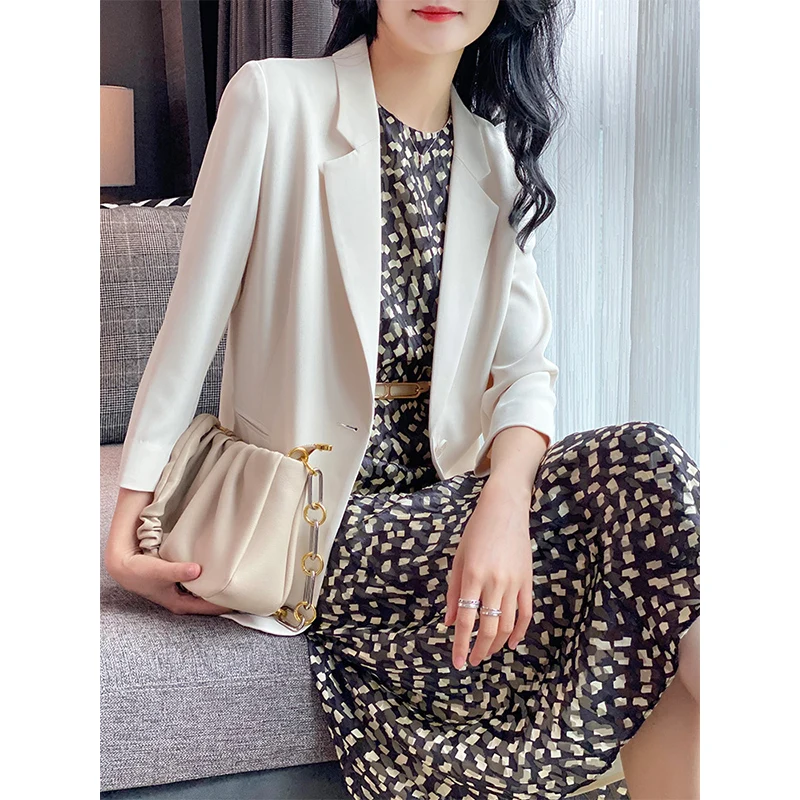 

Пиджаки женские шикарные офисные, однотонное ацетатное элегантное пальто, модная верхняя одежда с английским воротником и длинным рукавом ...