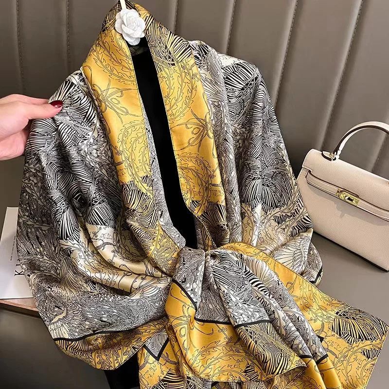

180*90cm Luxury Brand New Style Autumn Winter Popular Flower Headcloth Women Fashion Silk Print Scarf Ladies Beach Shawl foulard