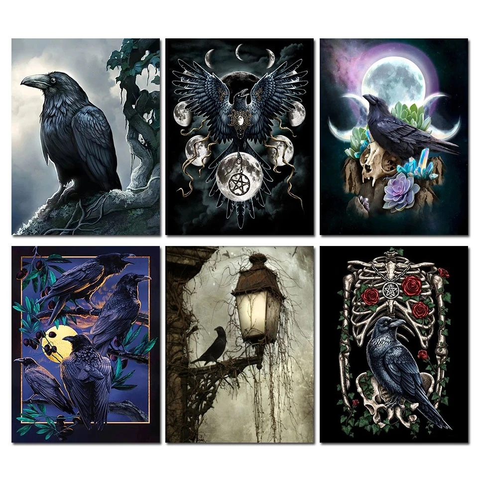 

Crow Diamond Painting Art Kit 5D Full Diamond Mosaic Animal Cross Stitch Dark Gothic Art Rhinestones Picture Home Wall Decor