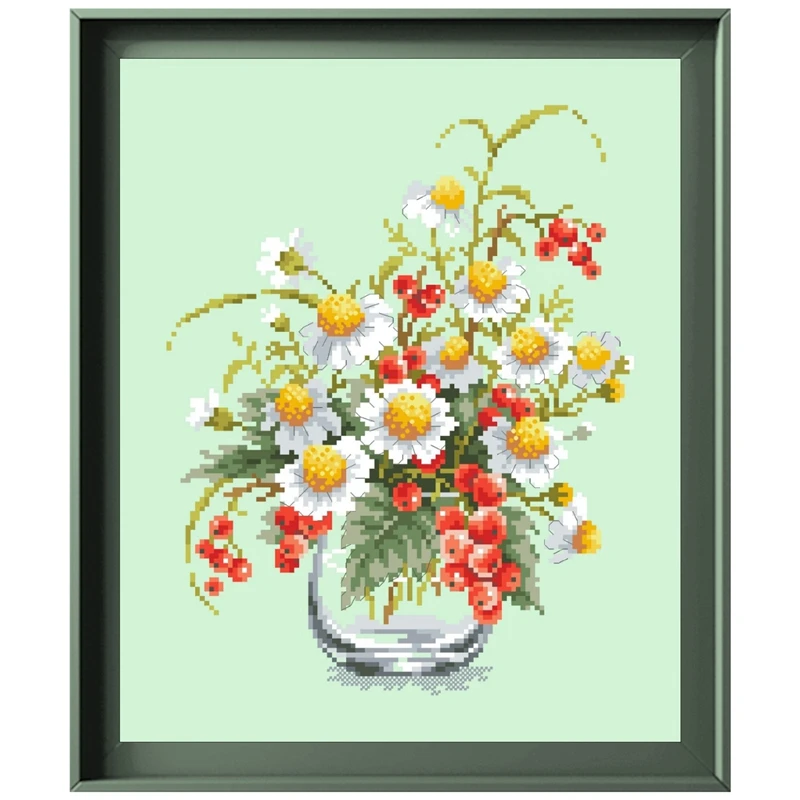 

Chamomile and red cur cross stitch kit flower pattern design 18ct 14ct 11ct light green canvas embroidery DIY