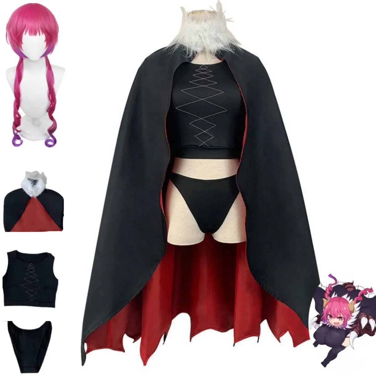 

Косплей костюм горничной дракона ируру из аниме «Miss Kobayashi», черный плащ, шаль, полный комплект, женский сексуальный костюм на Хэллоуин