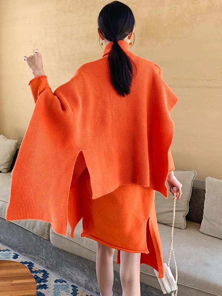 DEAT Элегантный вязаный комплект из 2 предметов водолазка свободный плащ