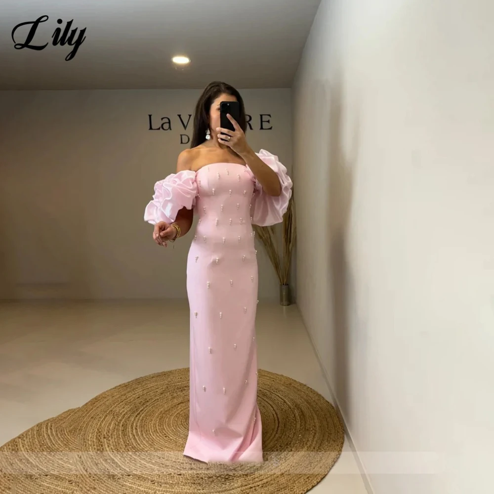 Фото Элегантное вечернее платье Lily Sky Blue с блестящим жемчугом и пышными рукавами, платья для выпускного вечера, атласные вечерние платья русалки, robe de bal, индивидуальный заказ №4