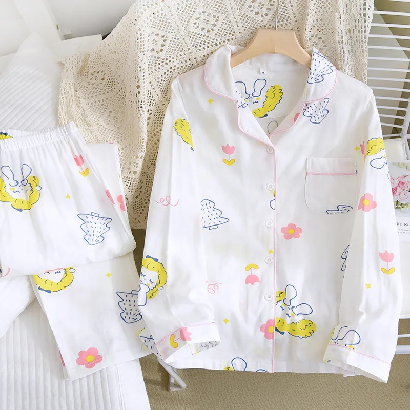 Cotton Double Gauze Pajama Set Women Autumn Summer Heart Girl Thin Lapel Cardigan Long Sleeve Trousers Simple Loose Loungewear