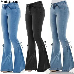 2022 Fashion Mid Waist Flared Jeans Women Bow Boot Cut Casual Lady Lace Up Trousers Cowgirl Vintage 