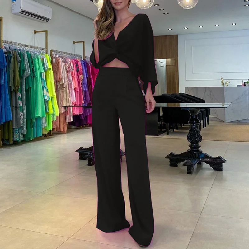 

Sexy Deep V Neck Knot Top Cardigan With Straight Pants Outfits Spring Solid Wide Leg Office Suit New Summer Hollow Two Piece Set