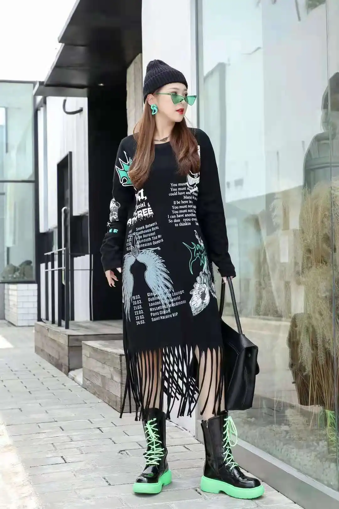 

Women's spring and autumn hot selling letter printing punk style tassel long loose long sleeve t-shirt skirt dress women