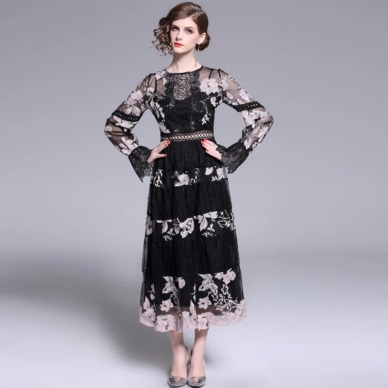

Lantern Sleeve Mesh High Waist Long Maxi Dress Women Black Embroidery Floral Hollow Out See Through Party Dresses Spring D508