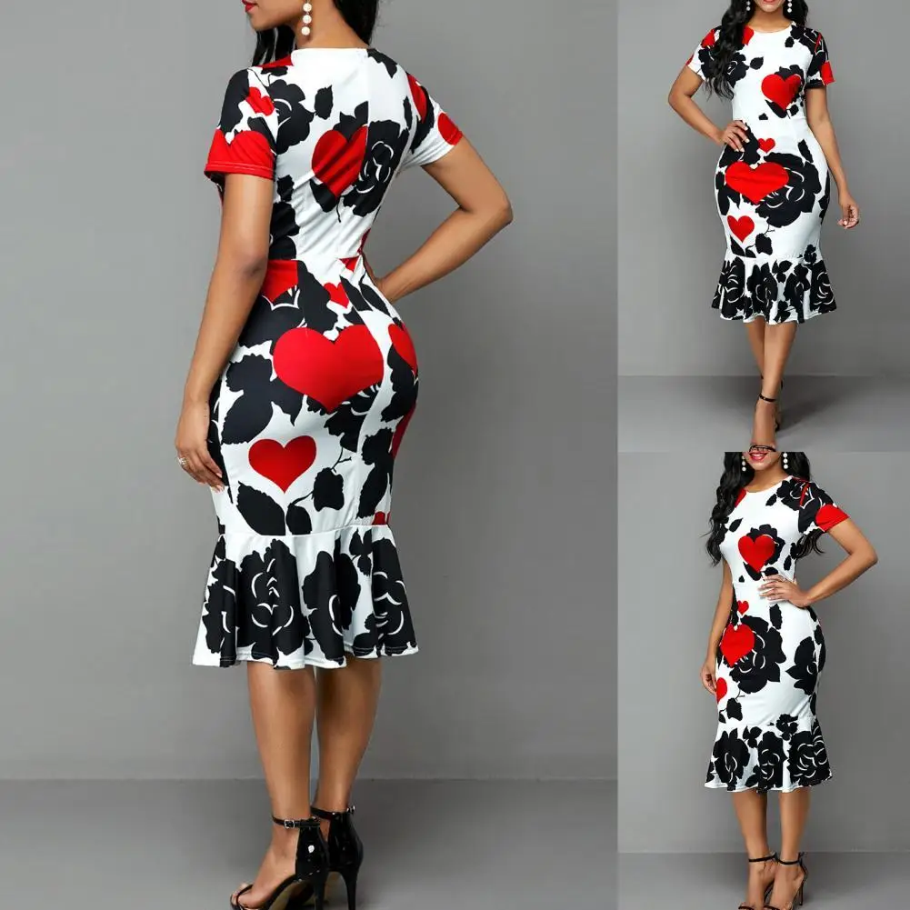 

Temperament Midi Dress Round Neck Graceful Comfy Printed Ruffles Dress