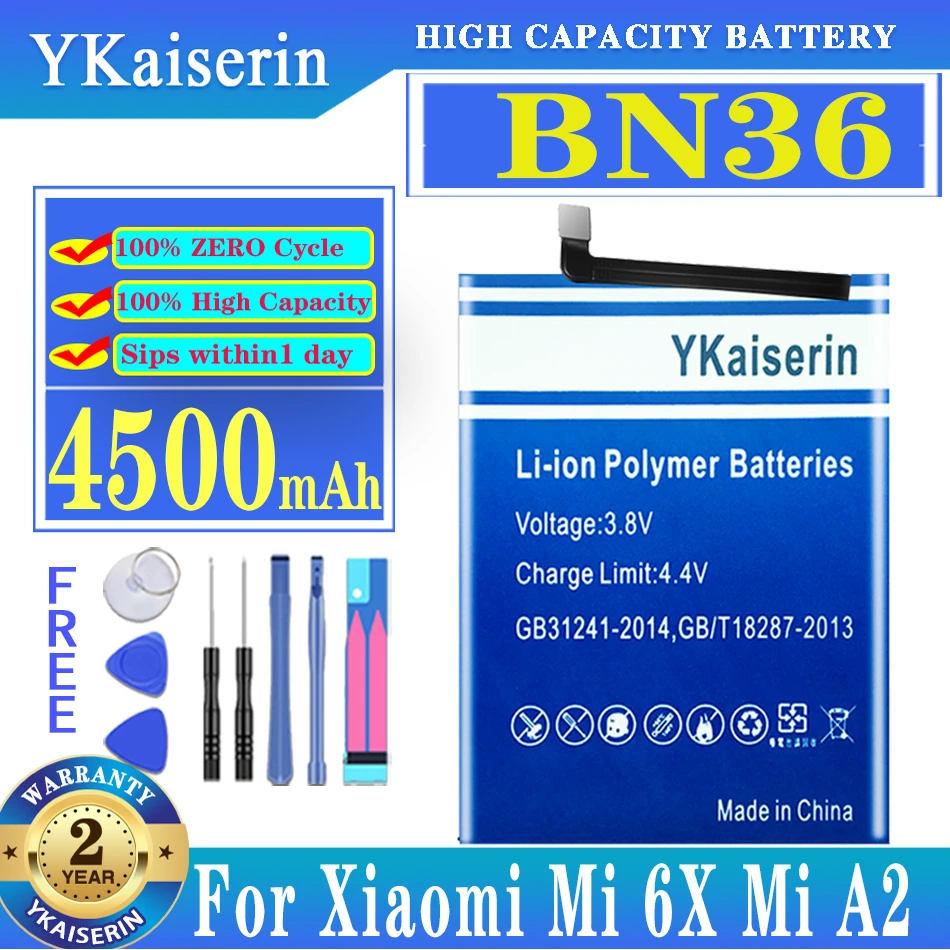 

YKaiserin BN36 4500mAh Battery For Xiaomi Mi 6X Mi6X Mi A2 MiA2 BN36 High Quality Phone Replacement Batteries +Tools