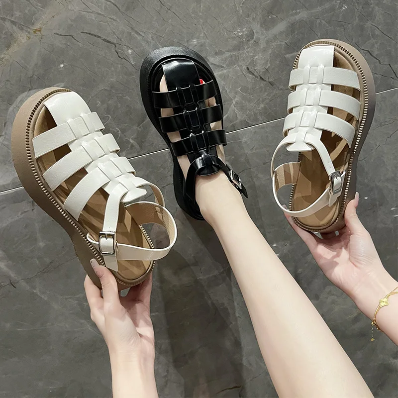 

Female Sandal 2022 Women's Shoes Buckle Strap Clogs With Heel All-Match Increasing Height Med Girls Gladiator New Closed Fashion