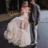 beach plus size wedding dresses boho off the shoulder lace appliqued bridal gowns sleeveless illusion bohemian custom made 2022