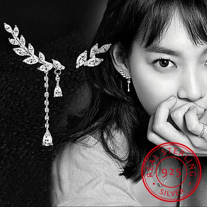 

2019 New Asymmetric leaf CZ Zirconia Stud Jewelry Real Pure 925 Sterling Silver Luxury Earrings Women Dress Free Shipping RJ