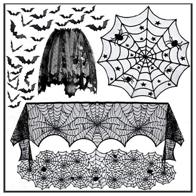 

Halloween Table Cloth Lace Spider Table Runner Web Skeleton Skull Tablecloth Black Fireplace Mantel Scarf Event Party Decoration