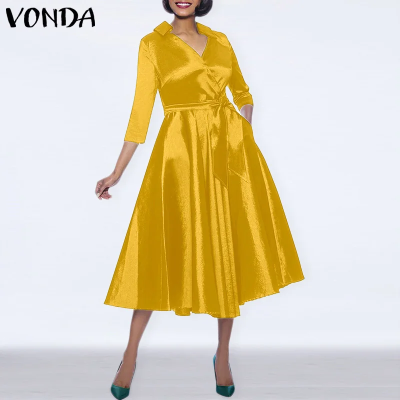 

Женское атласное платье-макси VONDA 2022, элегантное вечернее длинное платье с коротким рукавом, V-образным вырезом и высокой талией для вечерни...