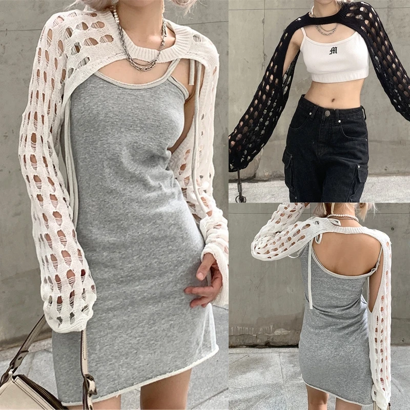 

Women's Long Sleeves Knit Crop Sweaters Solid Jumper Chic Super-short Crop Pullovers Hollow out Smock Tops Streetwear