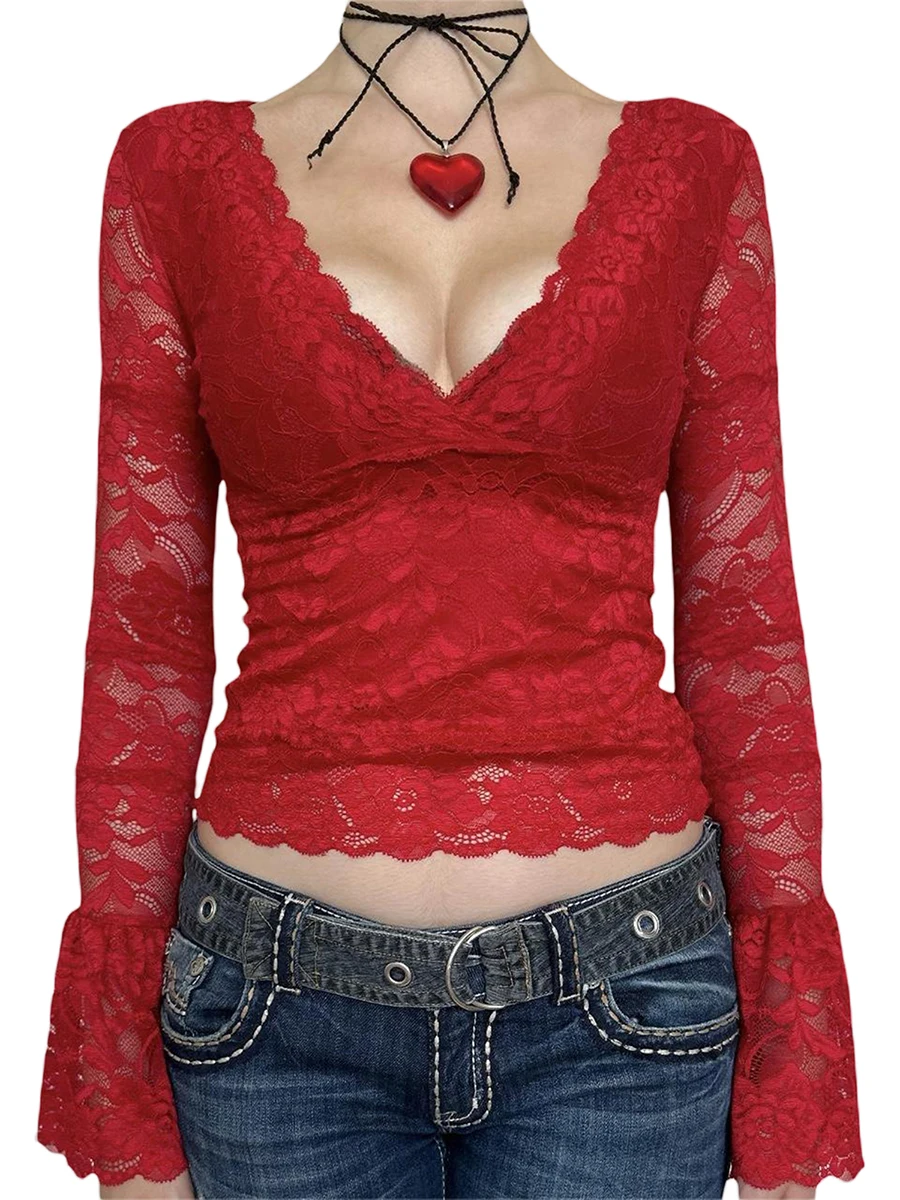 

Женская кружевная рубашка Y2k Fairy Grunge, облегающий кроп-топ с V-образным вырезом и длинным рукавом, винтажная Просвечивающая футболка