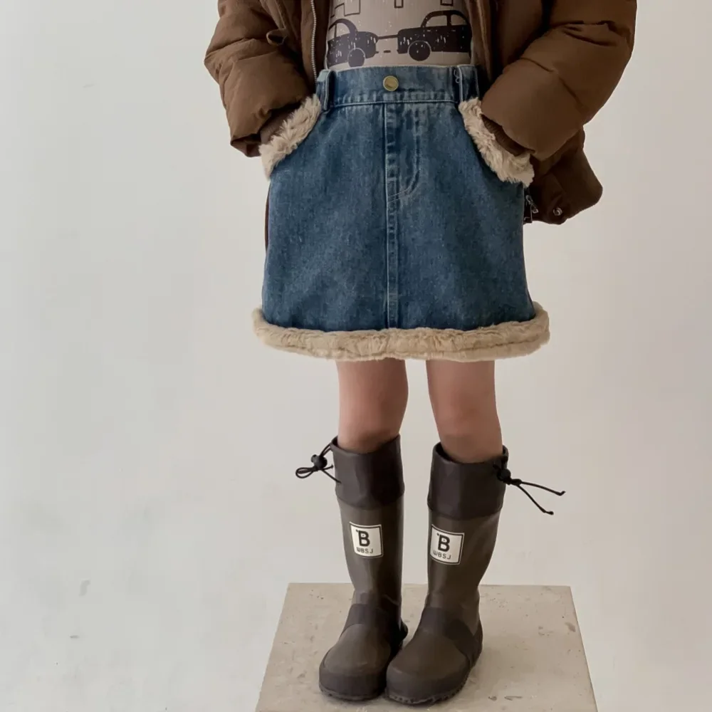 

2023 зимняя плотная теплая Повседневная Джинсовая юбка на флисе для девочек