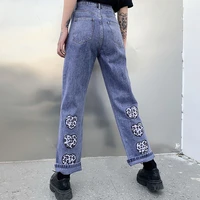 2021 summer women fashion loose high waist jeans new heart embroidery print wide leg pants retro street indie y2k denim trousers