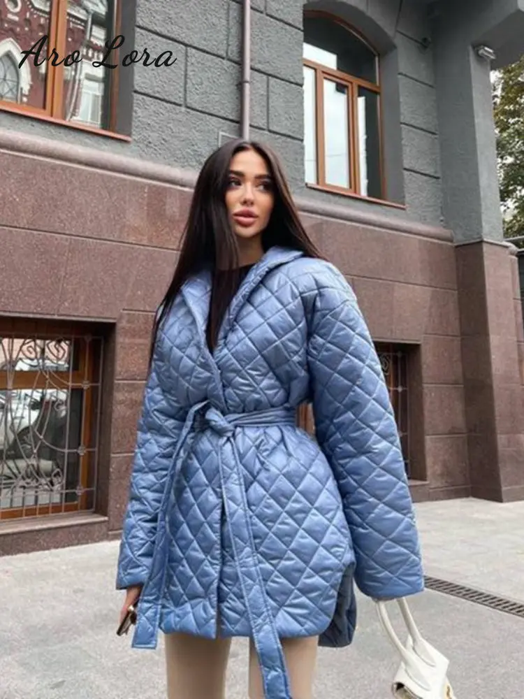 Plaid Long Parkas Winter Down Coat for Women 2022 Warm Puffer Jacket with Belt Casual Slim Cotton Oversize Streetwear Outwear