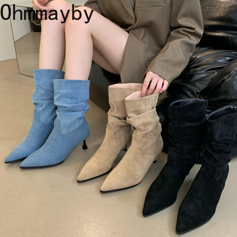 

Elegant Cowboy Boots For Women Fashion Slip On High Heel Short Boots 2023 Winter Ladies Boots Shoes
