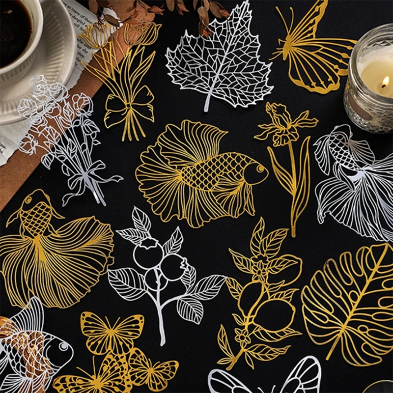 

10Pcs/lot Gold/Silver Hollow Out Lace Sticker Butterfly Fish Plants Retro Decorative Sticker DIY Scrapbooking Label Diary Album