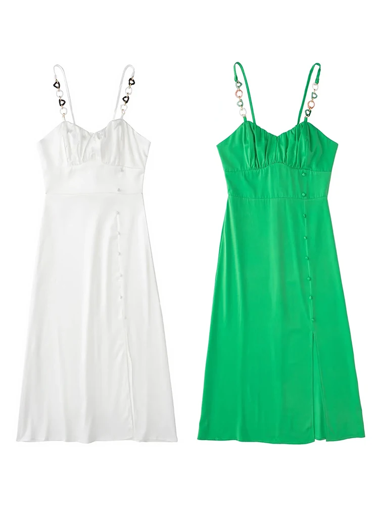 

Women Solid Color Satin Dress 2022 Summer Fashion New Style Chain Strap Slim Fit Sexy Nightclub Elegant Party Dress
