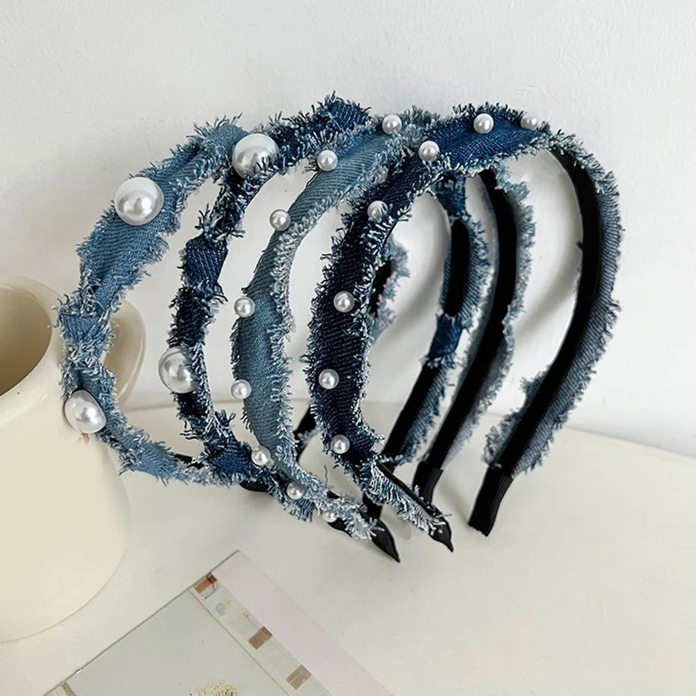 

Blue Rhinestone Pearl Headband For Women Braided Bow Hairband Metal Geometric Chain Hair Hoop Girls Jewelry Hair Accessories