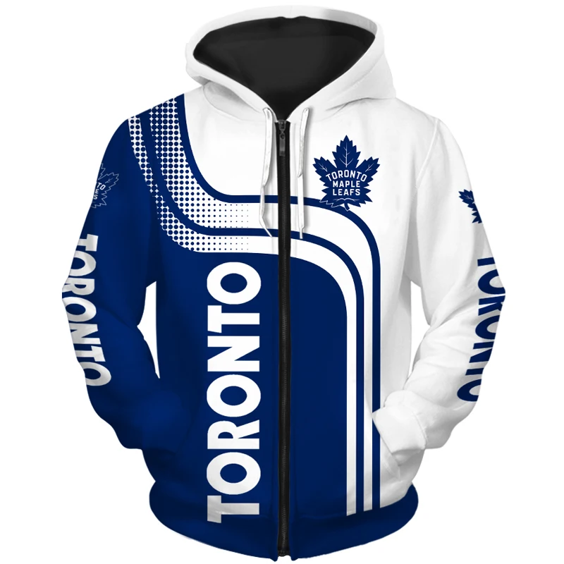 

Toronto men's Casual 3D Zipper Hoodie White And Blue Stripes Stitching Graffiti Leaf Print Maple Leafs Sweatshirt