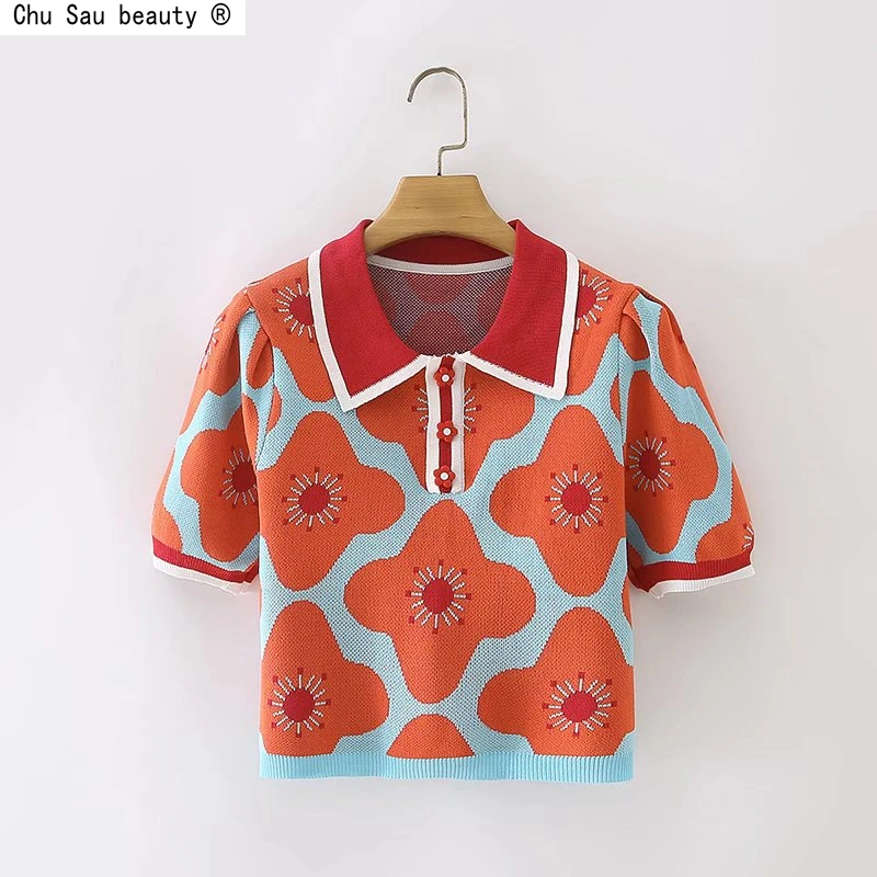 

Новинка осени 2021, модный винтажный Повседневный жаккардовый облегающий свитер-поло с цветочным принтом и коротким рукавом, Женский вязаный...