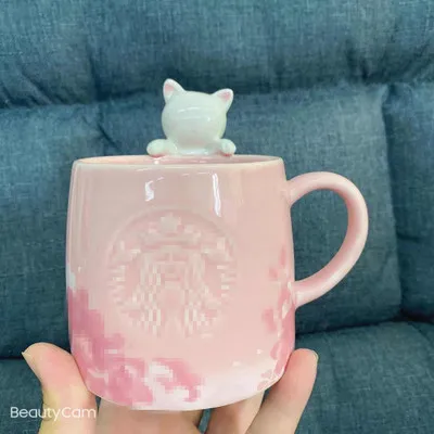 

Star Home Style Cup 2021 Purple Pink Cherry Blossom Viewing Cat Mug Gift Cute Gift Girlfriend Ceramic Mug