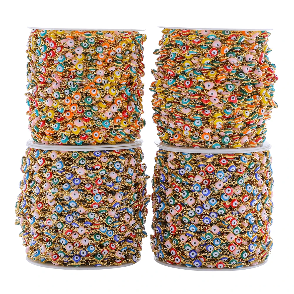 

1 Meter Stainless Steel 18k Gold Enamel Turkey Eyes Charm Link Chains Eye Beaded Chain for DIY Necklace Making Jewelry Supplies