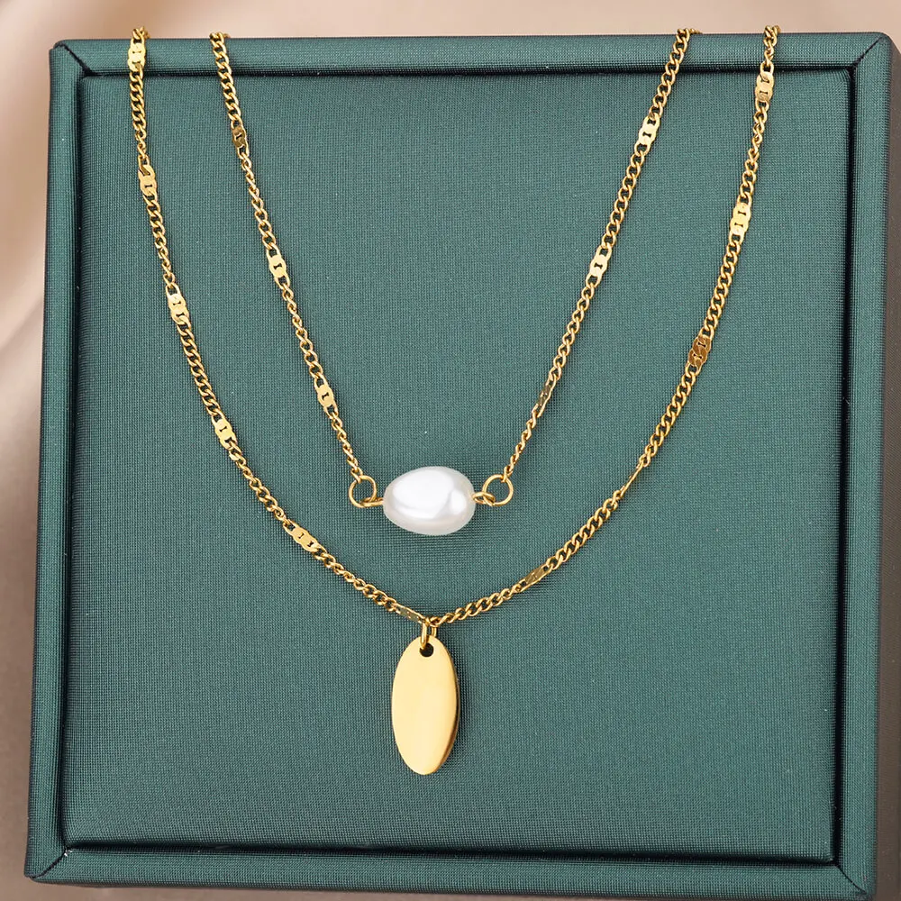 

Vintage Layered Stainless Steel Pearl Rhombus Geometry Pendant Necklace For Women Elegant Chain Choker Wedding Party Jewelry