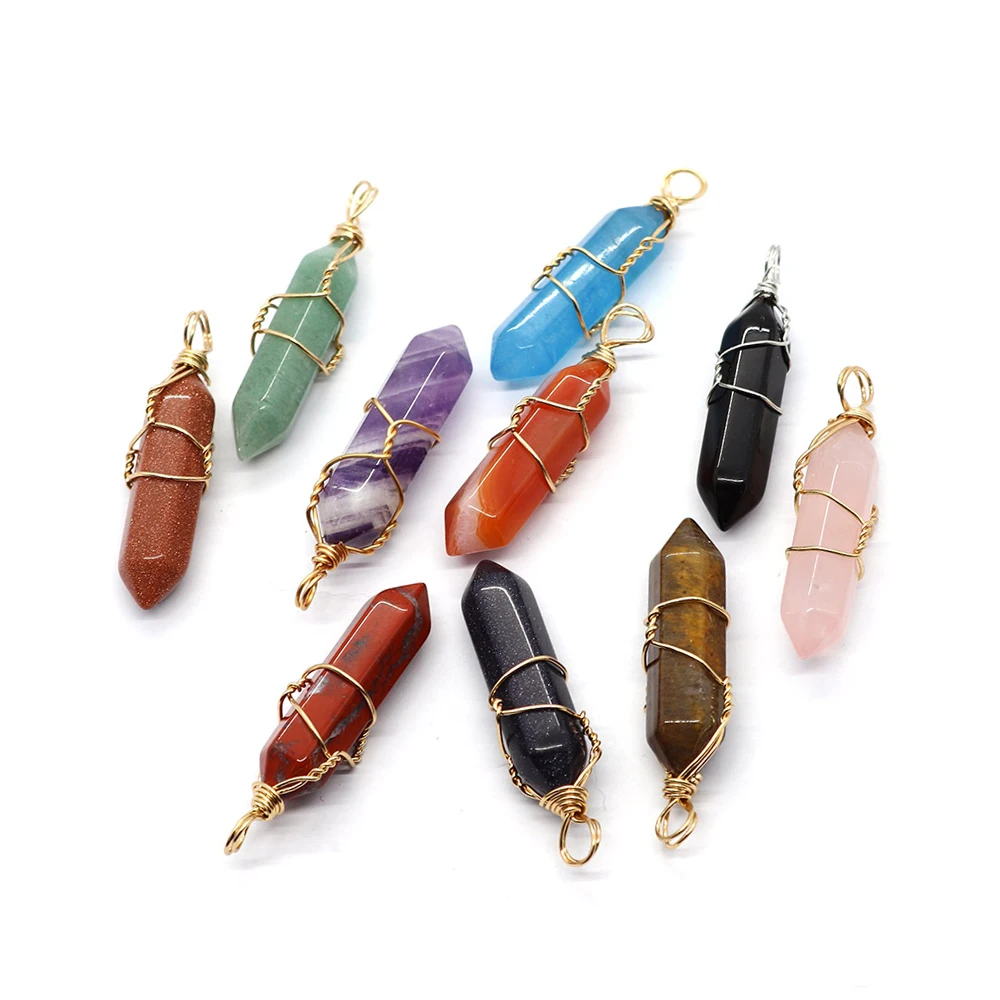 

Natural Stone Pendants Amethyst Tiger Eye Opal Crystal Pillar Hexagonal Column Charms for Jewelry Making DIY Earrings Necklace
