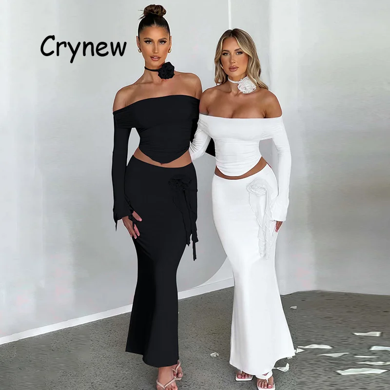 

Женский элегантный костюм Crynew, Осенний клубный укороченный топ с вырезом лодочкой и длинным рукавом и длинная юбка с цветочной аппликацией, комплект из 2 предметов, 2023