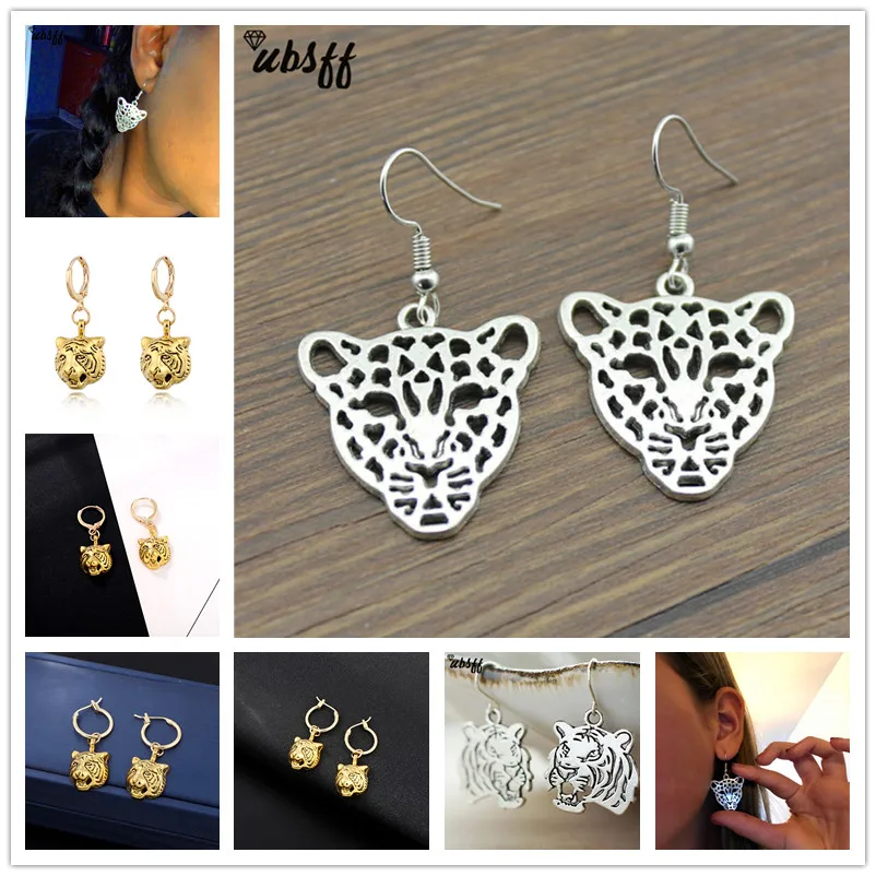 

1pair Animal Leopard Head Charms Drop Earrings Animal Jewelry Antique Silver Color Tiger Leopard Lion Head Pendant Drop Earrings