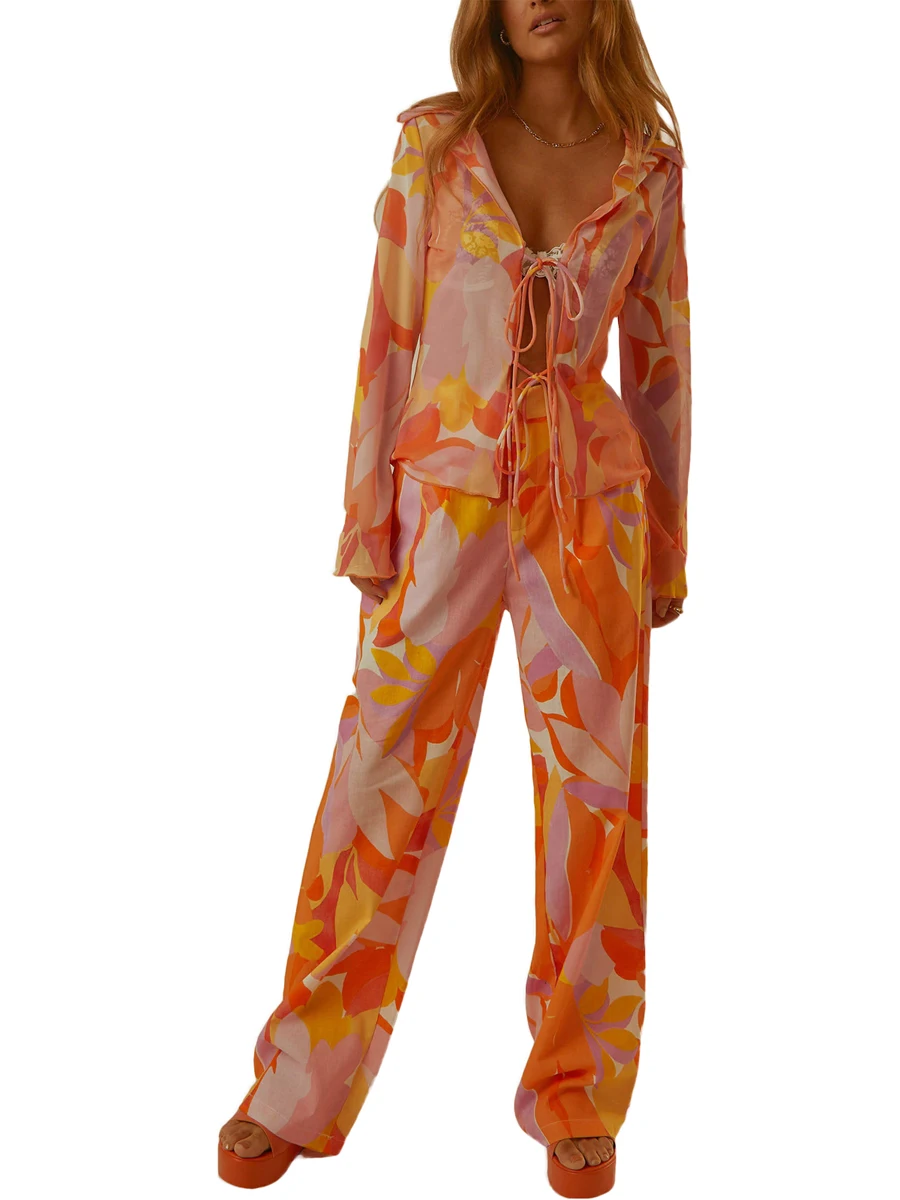

Women Causal 2 Piece Pants Set Button Down Long Sleeve Shirt High Waist Wide Leg Elastic Pants Outfits for Streetwear