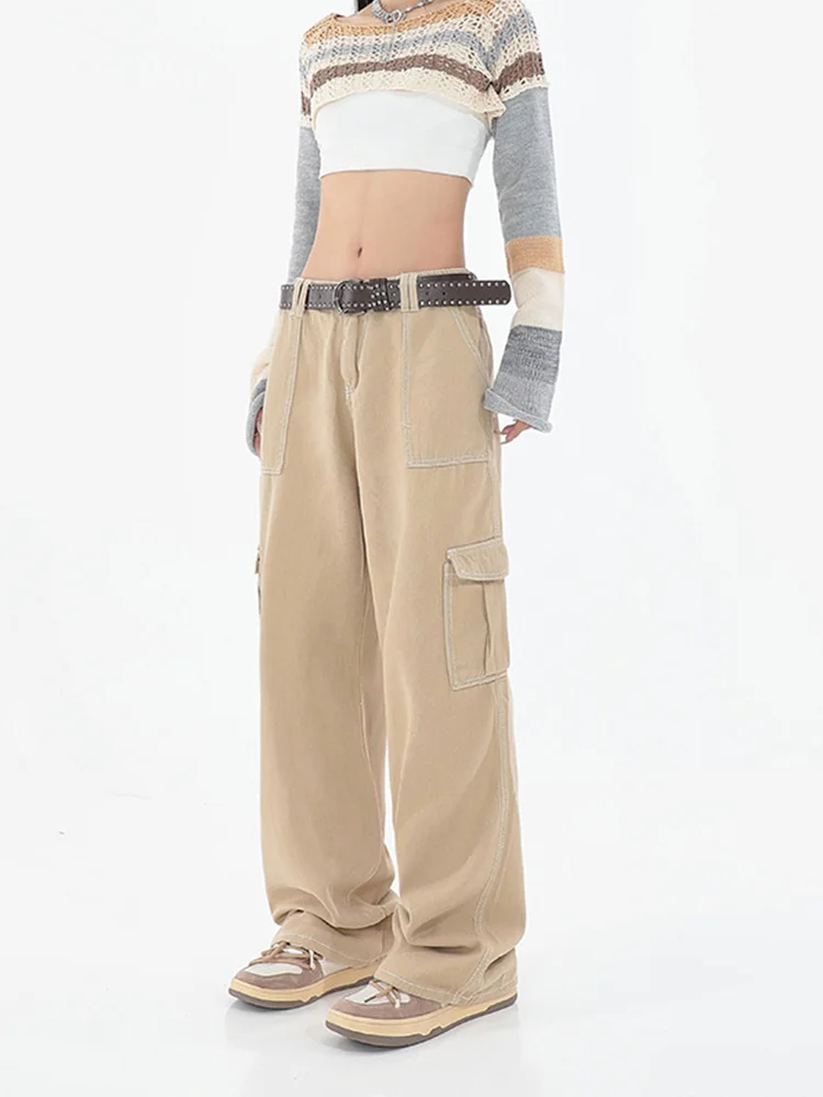 

Повседневные брюки-карго Y2k цвета хаки, женские прямые мешковатые брюки с высокой талией, модные хлопковые рабочие брюки с широкими штанинами, удобная уличная одежда 2023