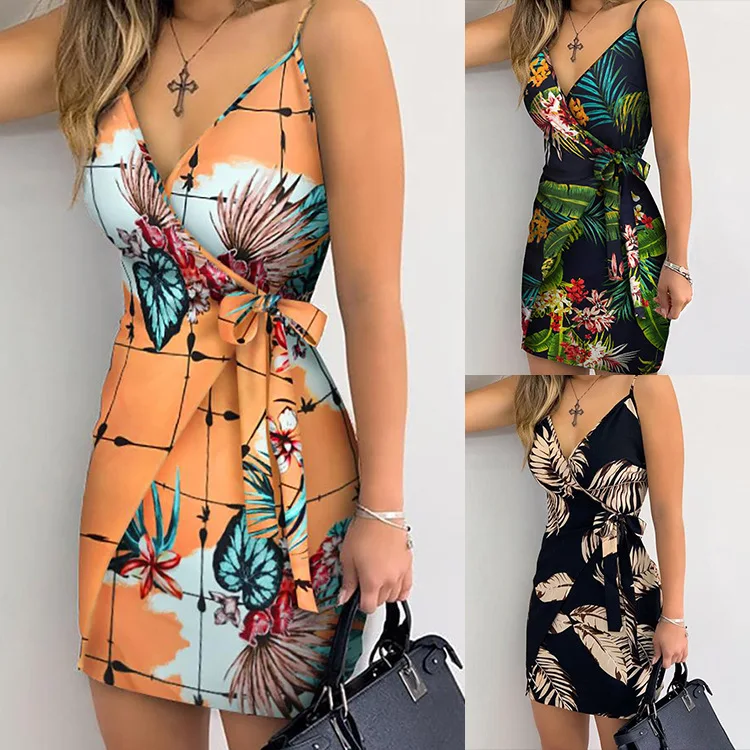 

autumn woman Sexy Fashion Suspender Skirt Slim Design V-neck Tie Dress for Women 2022 Summer New elegant women print dress