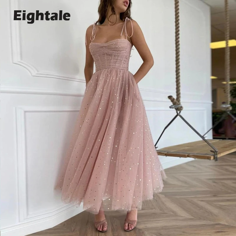 

Eightale Dusty Pink Prom Dresses Spaghetti Strap Glitter Party Dress Mid Length Starry Evening Gown vestidos para graduación